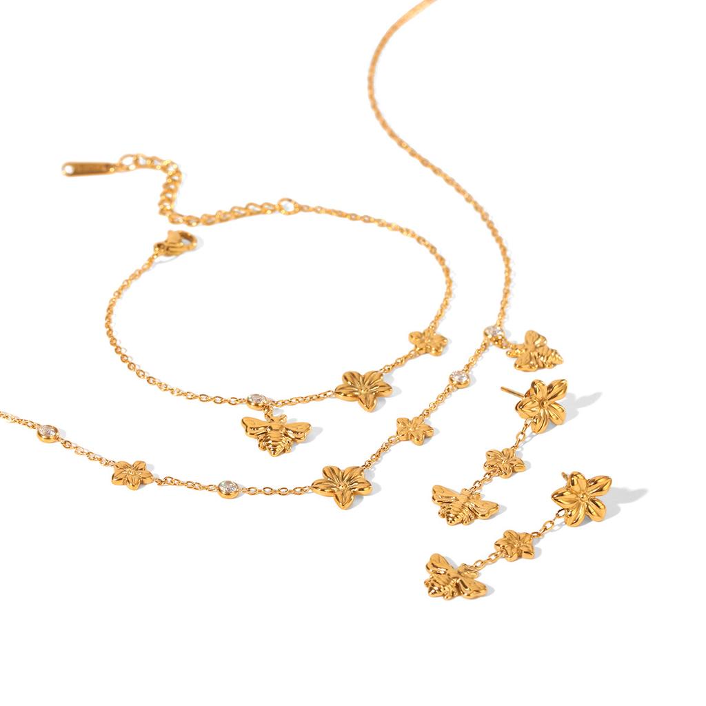 Stainless steel earrings, niche high-end flower bee necklace, fashionable versatile titanium steel bracelet