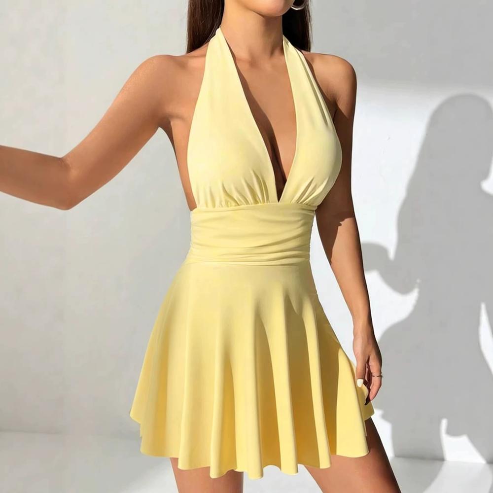 Sexy Backless Mini Dress Tight Fitted V-Neck Gown Short Skirt Binding Strap Women's Clothing Fashionable Trendy Beach Vestidos
