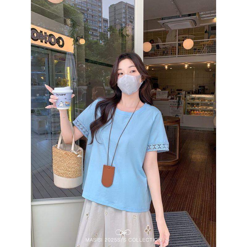 

Maxi Plus Size Women s Clothing Lace Patchwork Cut Out Short-Sleeved T-shirt Summer Slightly Oversized Girls Loose Slim Looking Shoulder Tops Blue (First Batch) 3XL