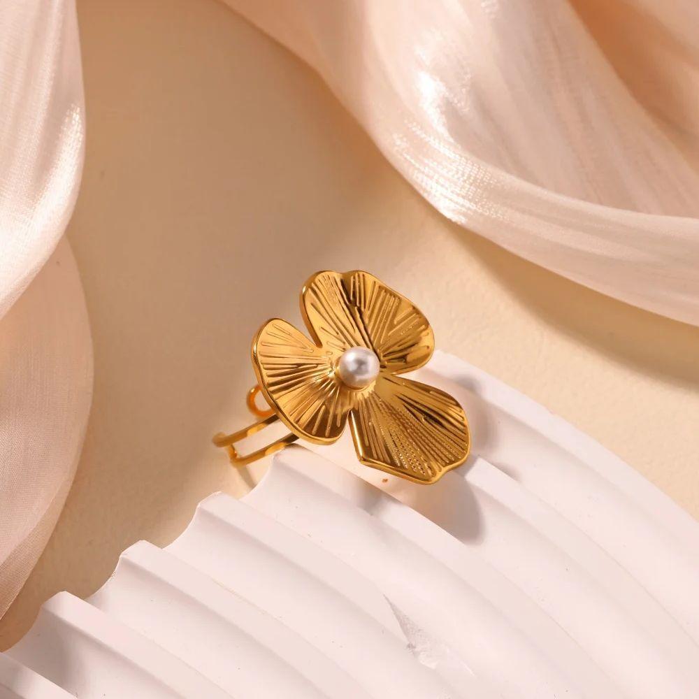 Stainless Steel Flower Ring for Women 18K Gold-plated Anti Fading Open Rings Wedding Imitation Pearl Jewelry Prom Accessories