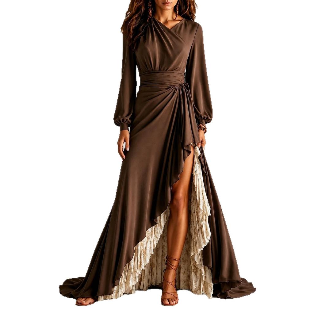 European and American women's clothing, satin collar, long-sleeved wrap skirt, split lotus leaf inner lining, trailing banquet dress long skirt