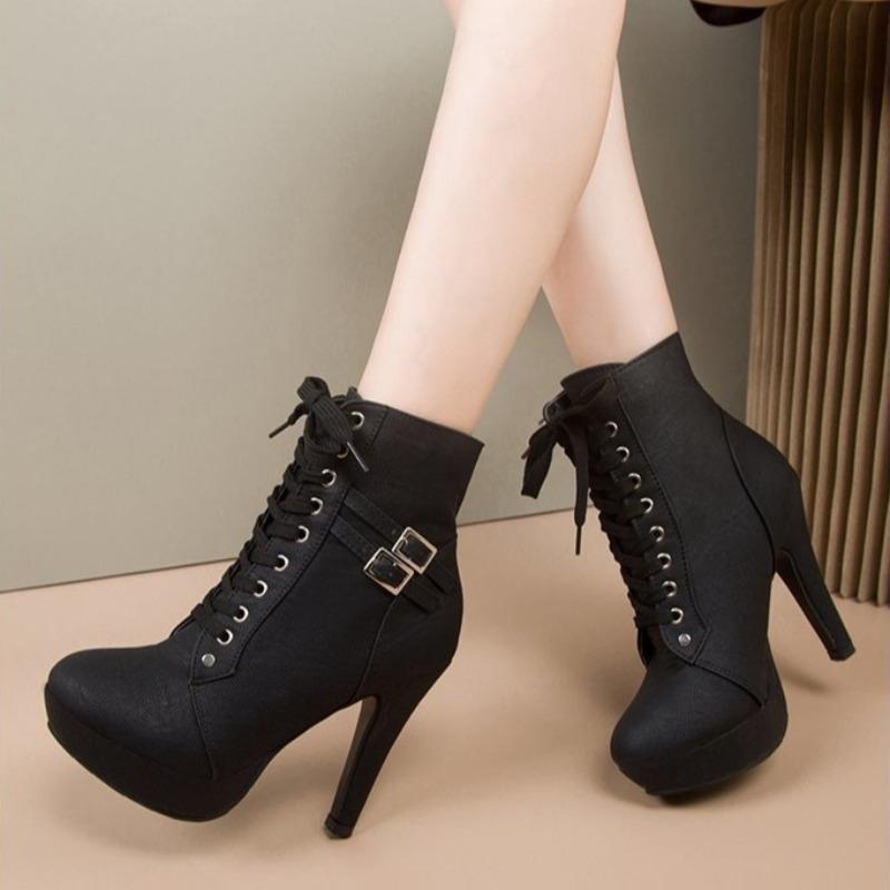 Women's High Heels Boots Fashion Pointed Short Boots 11cm High Heels Platform Booties Lace Up Women's Ankle Boots Botas De Mujer