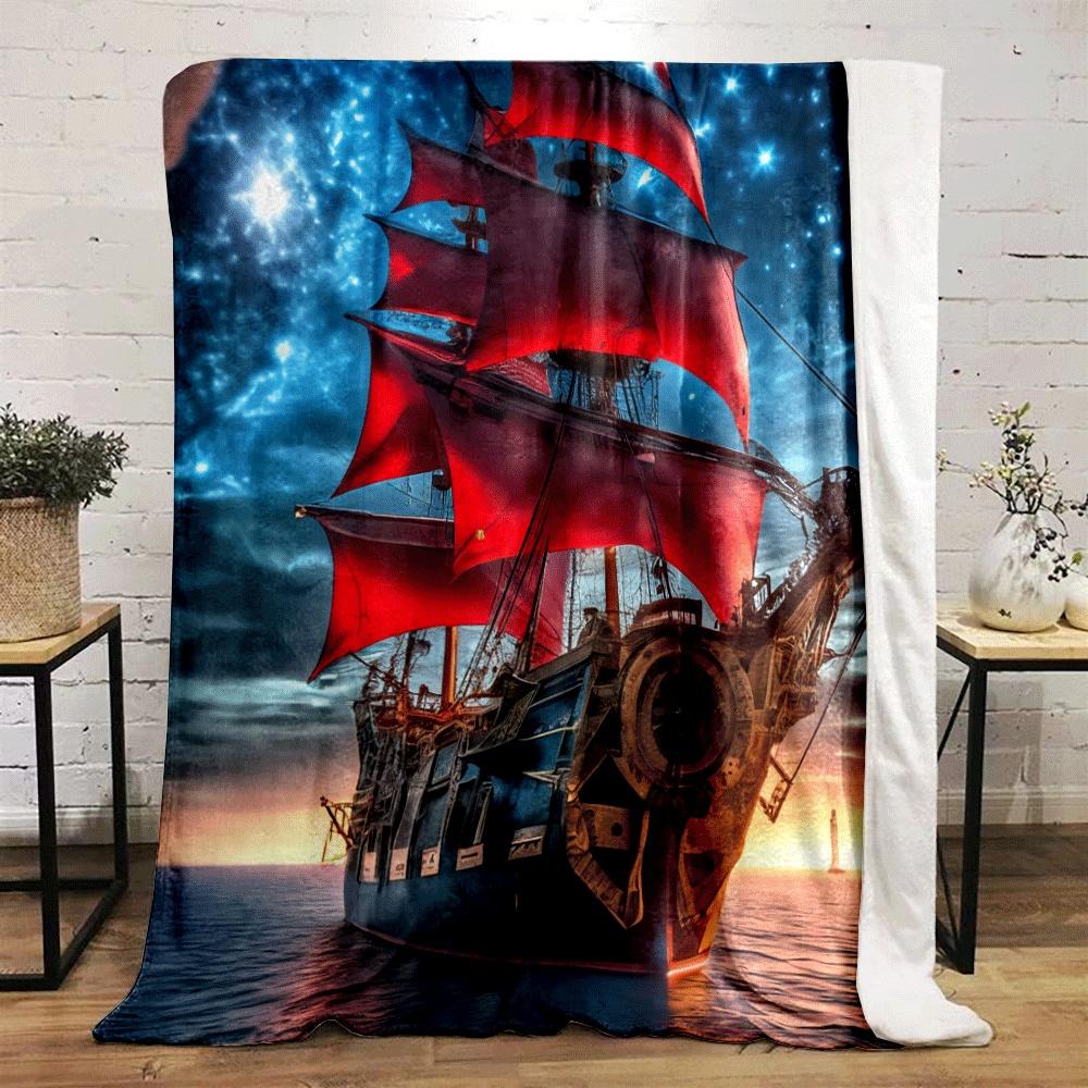 A Ship with Vibrant Red Sails Against a Starry Night and Sunset Backdrop. for All Seasons Blanket Lunch Break Throw Gift