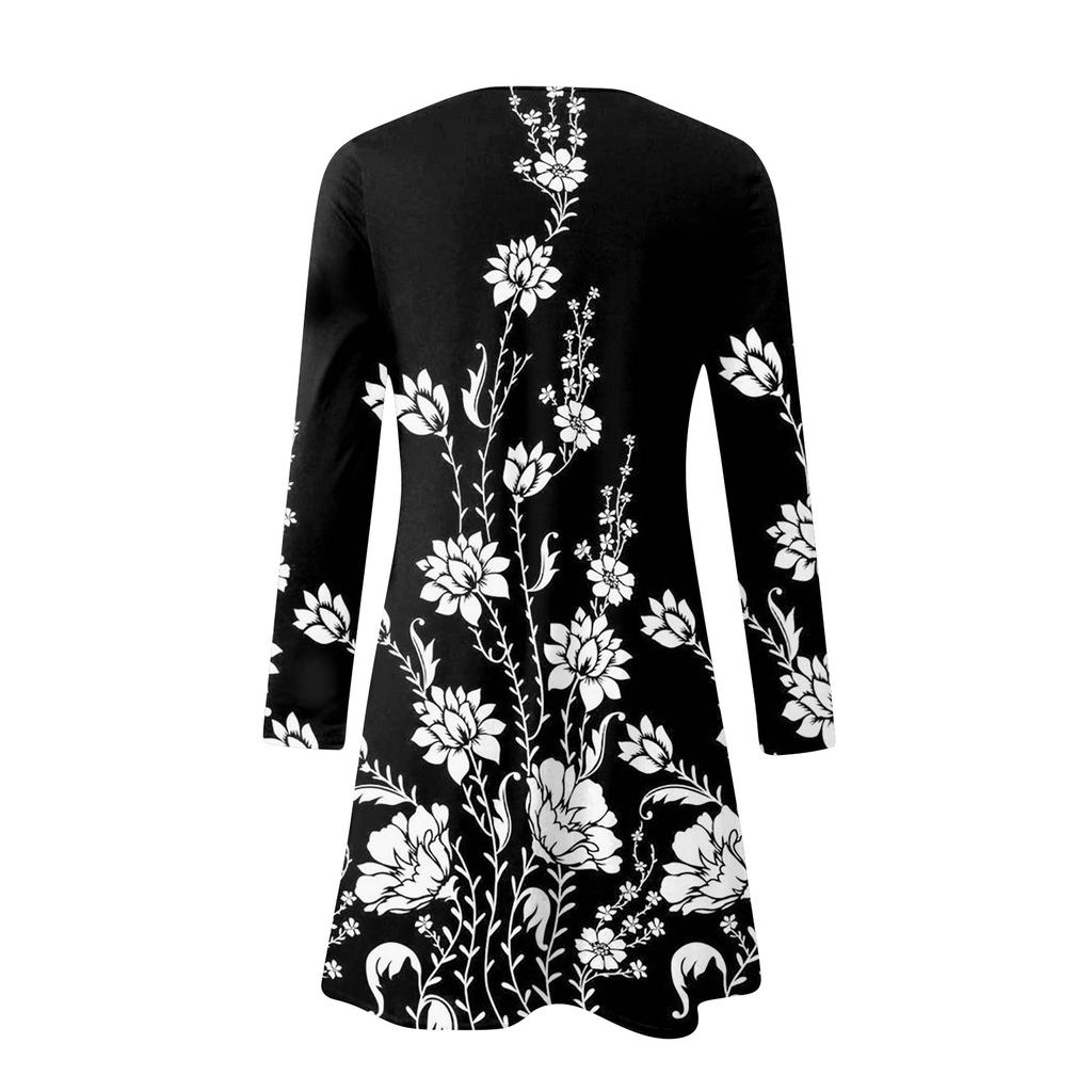 Women's Casual Comfortable Print Long-sleeve Chest Hollow Big Swing Dress