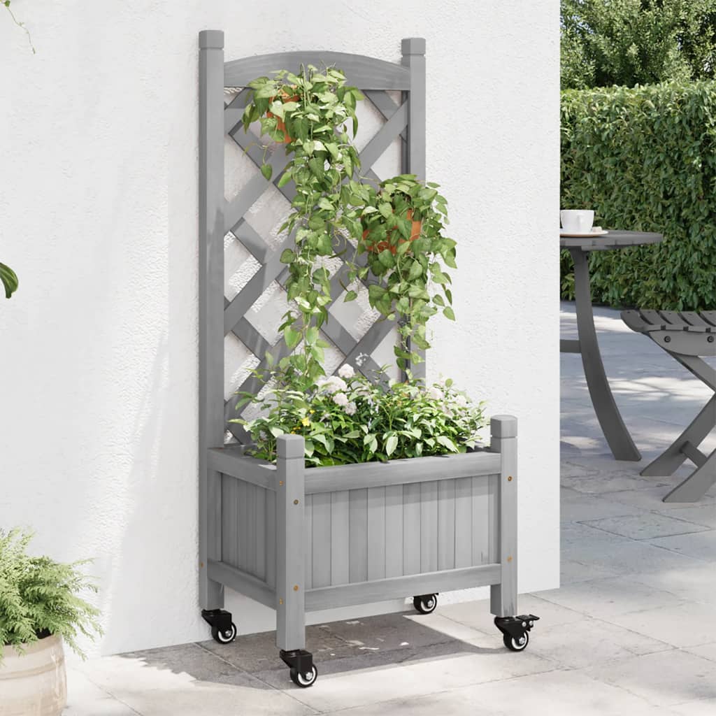 Planter with Trellis and Casters Grey Solid Wood (Spruce)