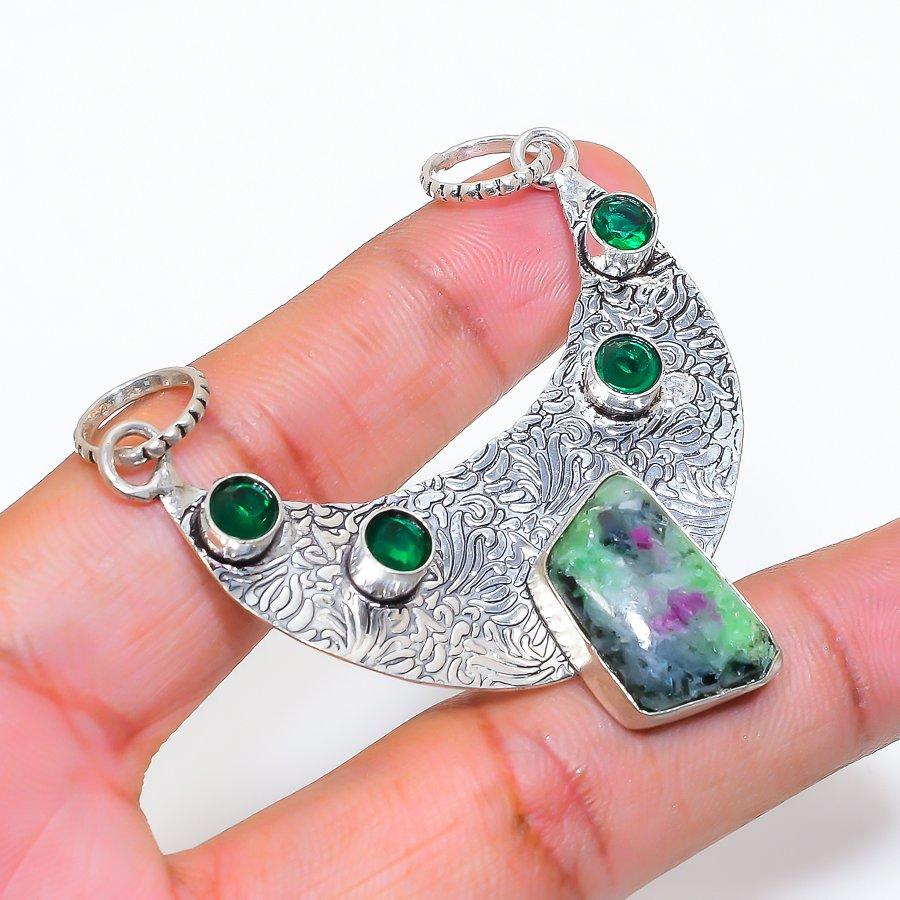 Natural Ruby Zosite, Diopside 925 Sterling Silver Jewelry Pendant 2.25" ZS-197