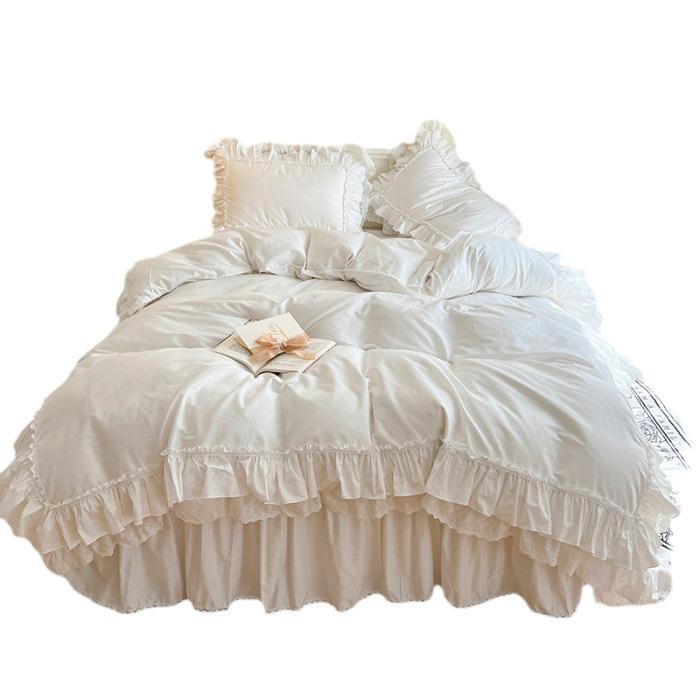 Nordic 100% Pure Cotton White Princess Ruffle Duvet Cover Set with Lace Bed Skirt