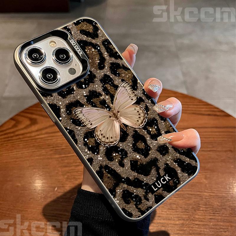 Luxury Butterfly Leopard Print Phone Case For iPhone 16 16E 15 14 13 12 11 Pro Max X XS XR 7 8 Plus SE Shockproof Hard Cover