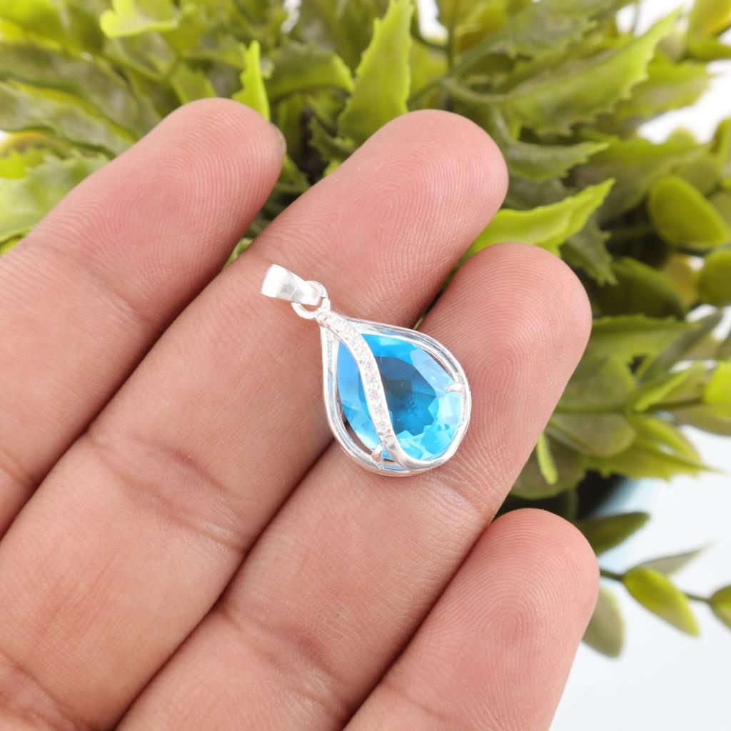 Swiss Blue Topaz Gemstone 925 Sterling Silver Jewelry Zircon Pendant For Girls CZP-7-12