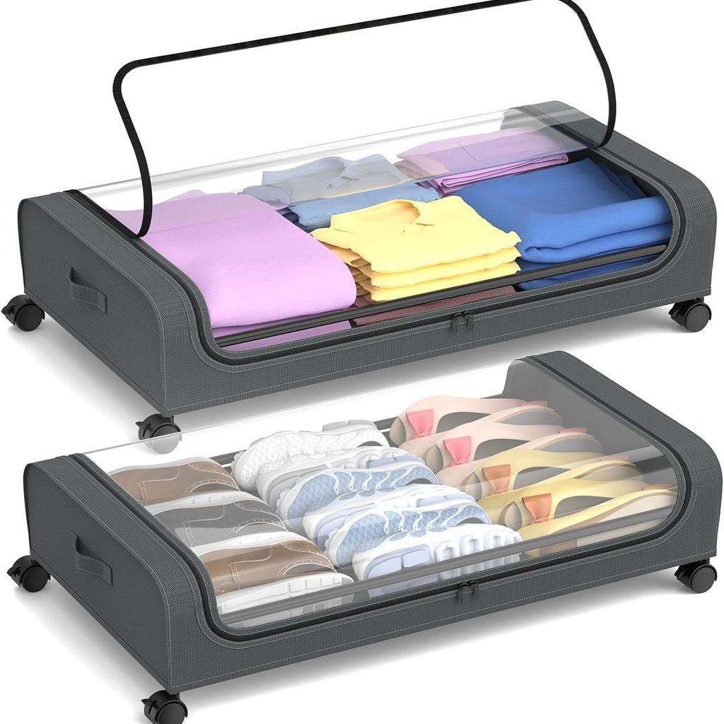 2 Pack Under Bed Storage Container with Lids and Wheels 60L Under Bed Storage Organizer Bins, Rolling Underbed Storage for Clothes, Shoes, Blankets