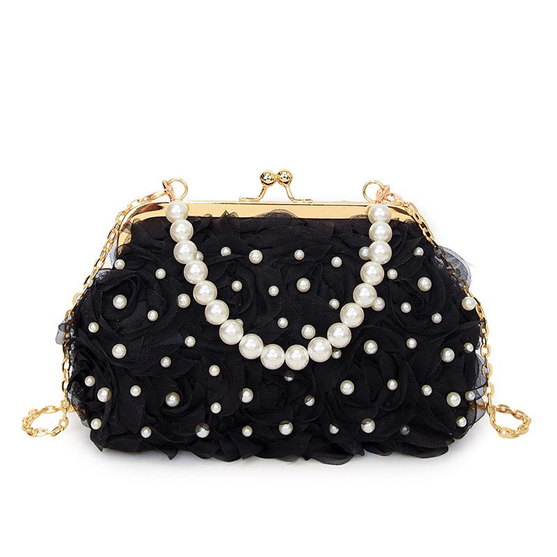 Women's Spring 2025 Pearl Evening Bag with Floral Design and Chain Strap