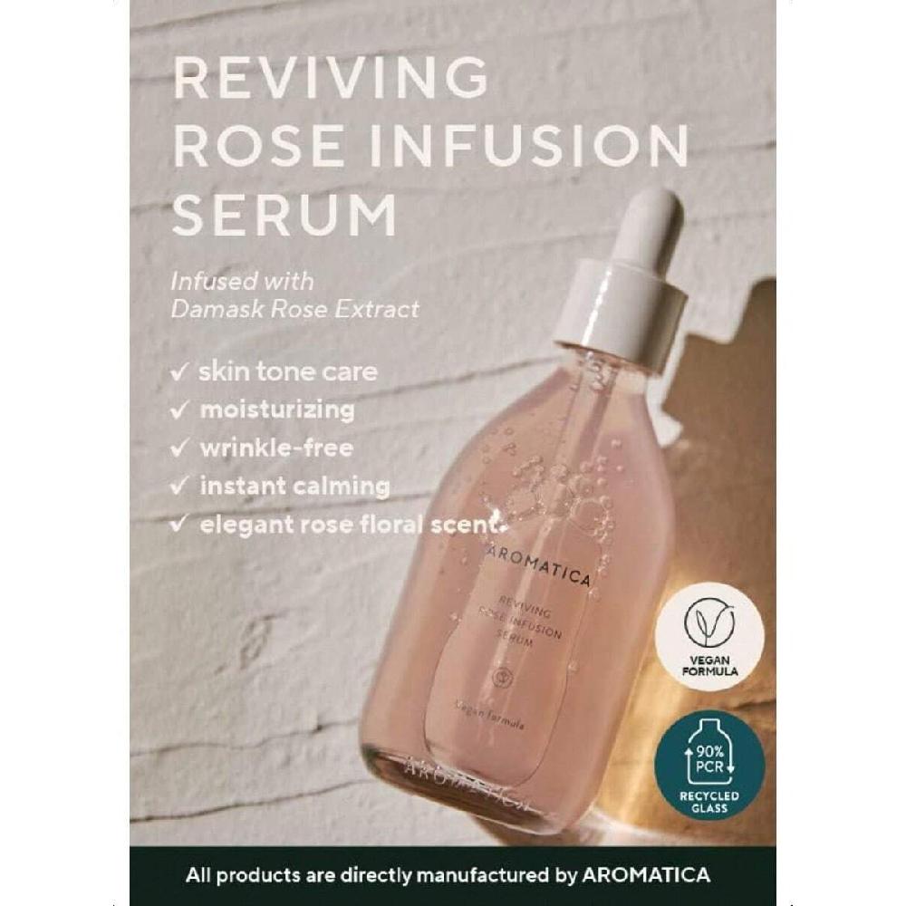Aromatica Rewitalizujące Serum z Infuzją Róży 100ml Serum Odmładzająco-Nawilżające, Serum Dodające Witalności Dla Skóry Suchej | Z Wodą z Róży Damasceńskiej i Olejkiem Różanym