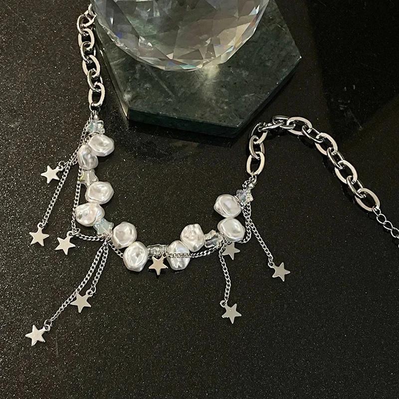 Fashionable Light Luxury Elegant Baroque Imitation Pearl Chain Tassel Necklace Goth Star Long Tassel Pendant Choker Neck Jewelry