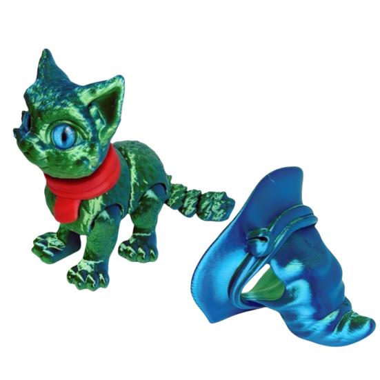 3D Printed Articulated Cat Wizard Hat Cat Ornament Wearing Red Scarf Big Eyes Cat Fidget Toy with Flexible Joints for Stress Relief Desktop Decoration
