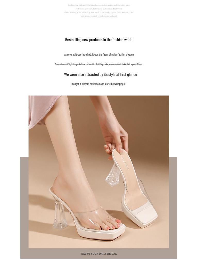 Square Toe High Heel Sandals with Single Strap, 2026 Model - Transparent Crystal Stiletto with Waterproof Platform and Thick Sole.