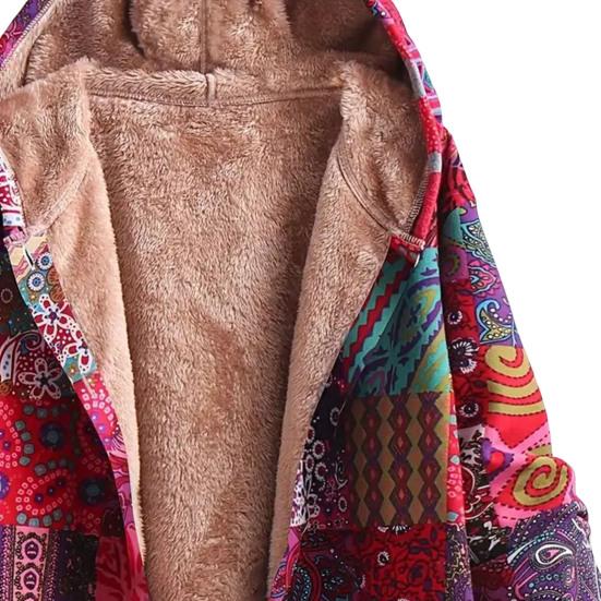 Manteau Vintage Style Ethnique Doublé Sherpa pour Femmes Manches Longues Imprimé Floral Veste Polaire Automne Hiver Fermeture Éclair Capuche Vêtement d'Extérieur