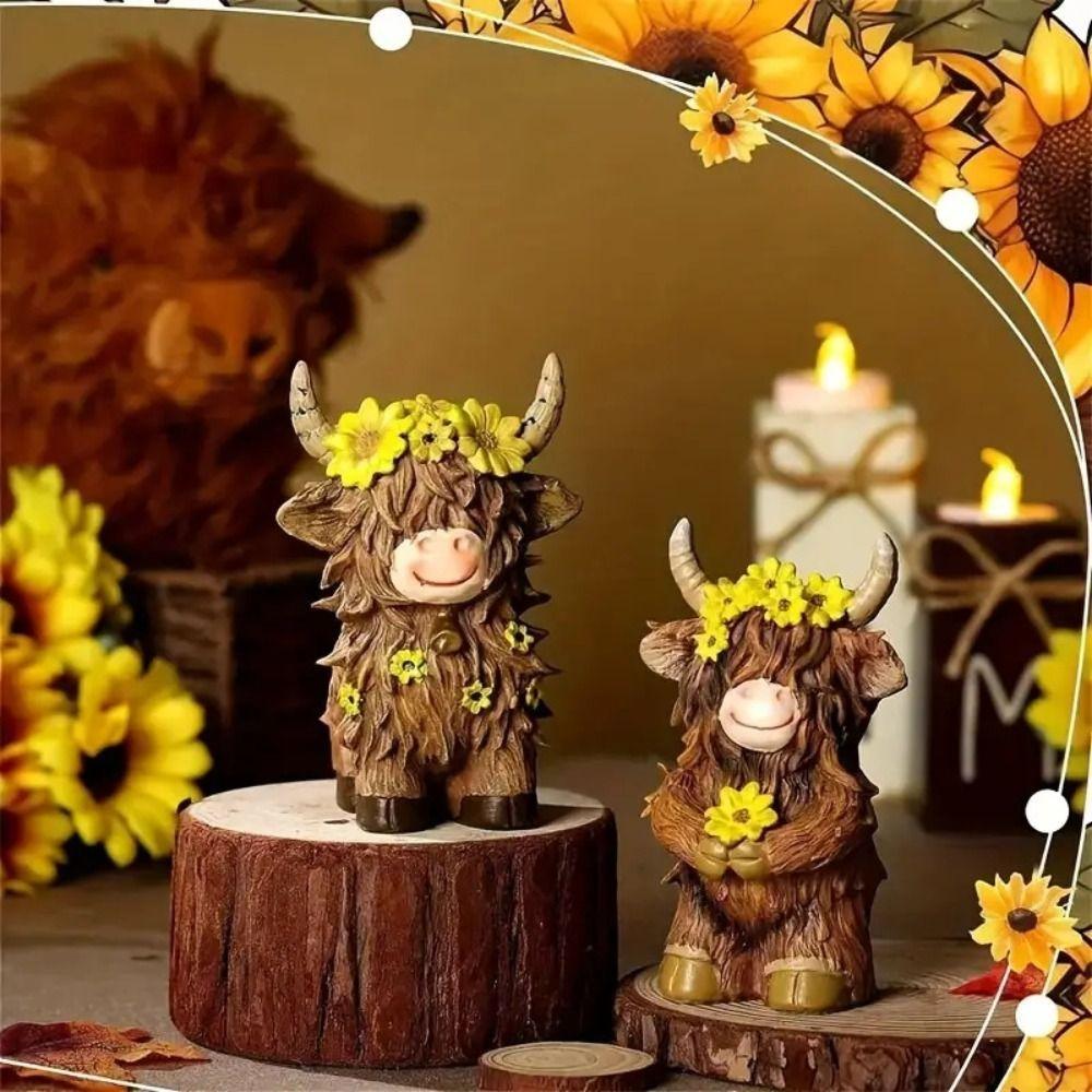 Resin Highland Cow Statue Cute Animal Sculpture Ornament Funny Cow Figurine  Desktop