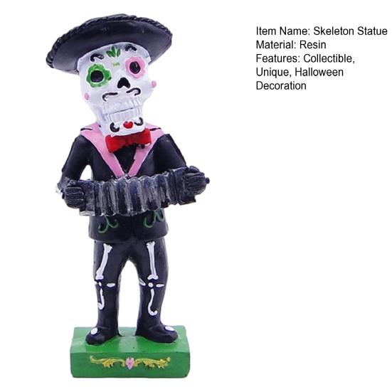 Black Mariachi Band Skeleton Statue Halloween Day of The Dead Skull Figurine Resin Collectible Folk Musician Players Ornament for Home Decor
