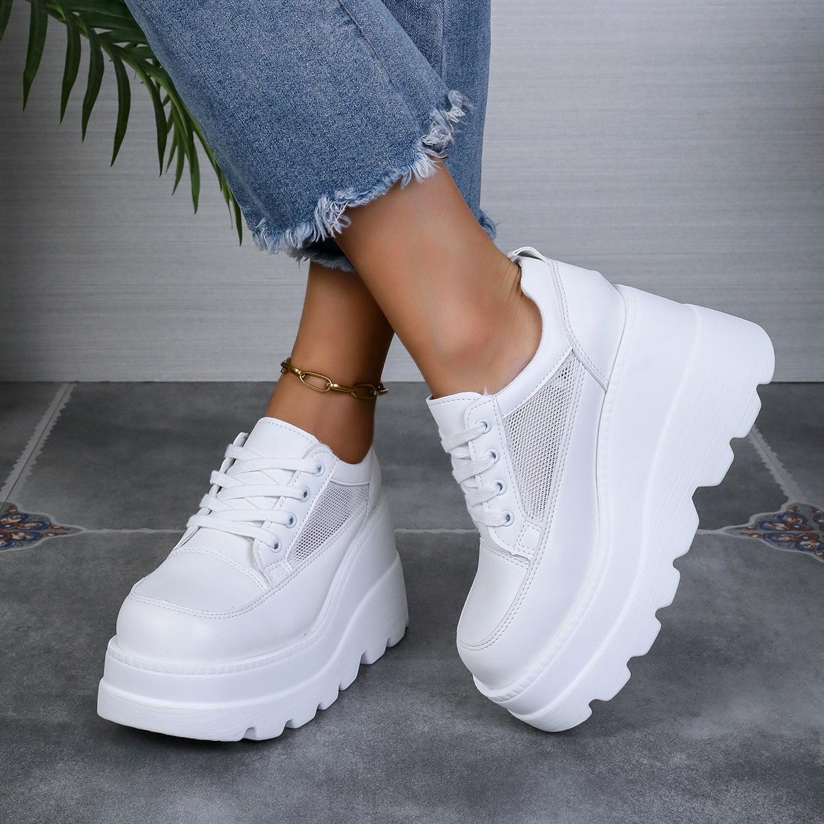 

2024 Весна-Осінь Нове жіноче вулканізоване взуття Кросівки на танкетці з внутрішньої висоти Рожево-біла платформа на шнурівці Zapatillas Mujer 38 білий