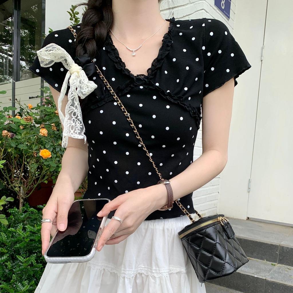 Lace Earrings Polka Dot V-neck Short-sleeved T-shirt for Women's Summer New Design Short Shirt Top