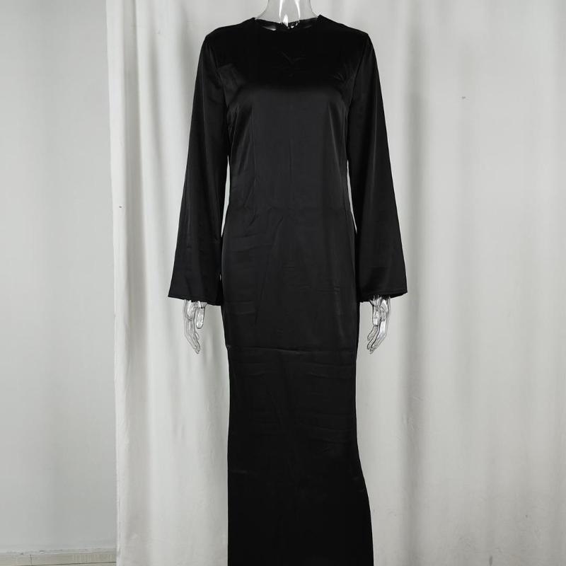 Evropské a americké podzimní dámské elegantní jednobarevné šaty slim fit s kulatým výstřihem a dlouhým rukávem s temperamentem