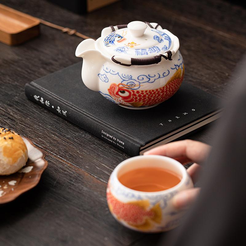 Suet Jade Arowana Hand Grab Pot Kung Fu Tea Set Single Pot Household White Porcelain Office High-end Brewing Teapot