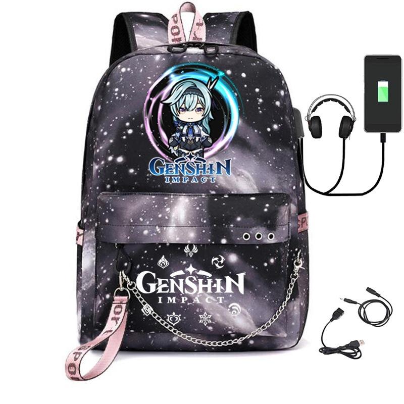Printed Iron Chain Usbgenshinimpact Yuanshen Backpack Leisure Middle School Student Travel School Bag