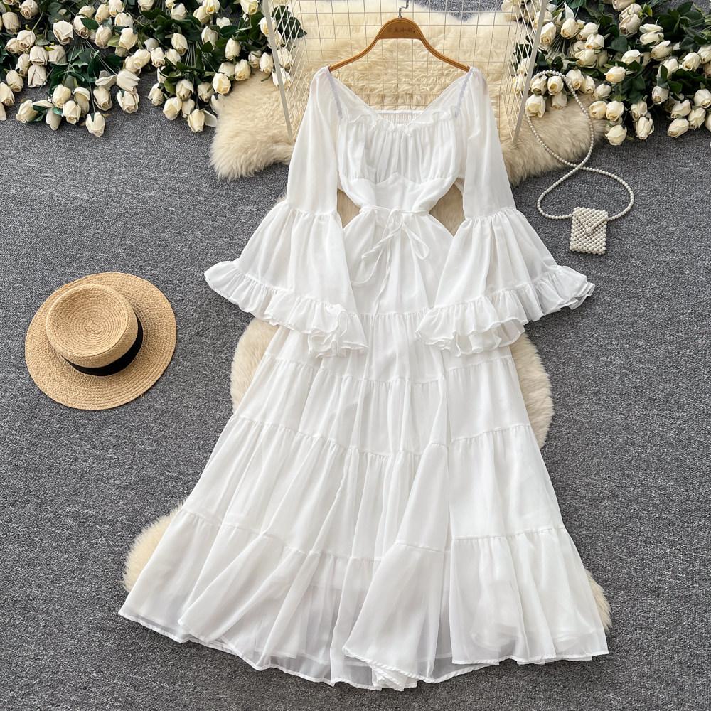 French gentle wind square collar strap lantern sleeve dress women's spring pure desire wind waist thin temperament long dress