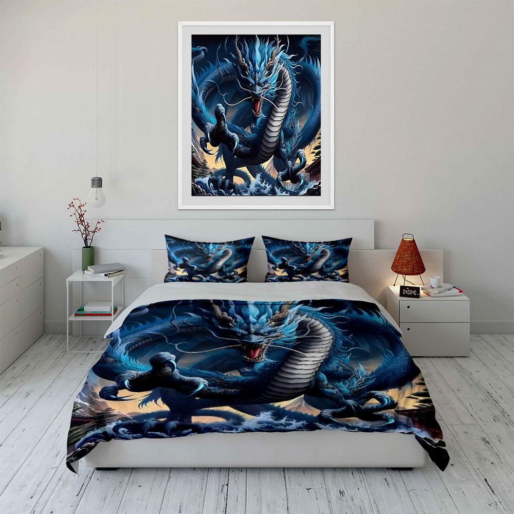 Blue Roaring Dragon In Action Print Bedding Set 1 Duvet Cover 2 Pillowcases For Adult And Children Luxury Gift Full Size