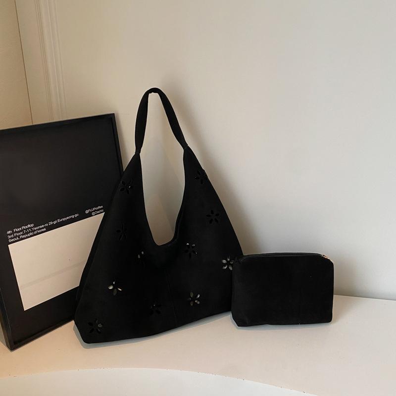 Faux Suede Women's Hollow Flower Shoulder Bags Matte Leather Female Underarm Bag Vintage Large Capacity Female Tote Handbags