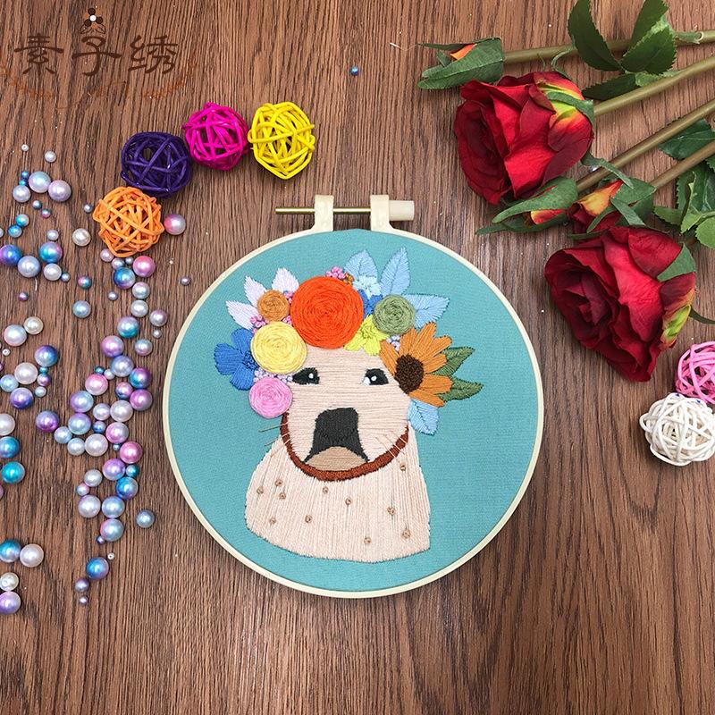Dog Embroidery Kit for Beginenrs Hand Sewing with Flower and Dog Pattern Kit with Colourful Threads Needles Instructions