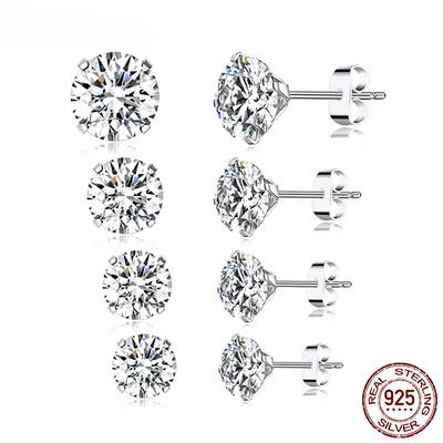 Stud Earrings 925 Sterling Silver Platinum Plated Round Cubic Zirconia Hypoallergenic Earrings 4mm 5mm 6mm 7mm BSE166