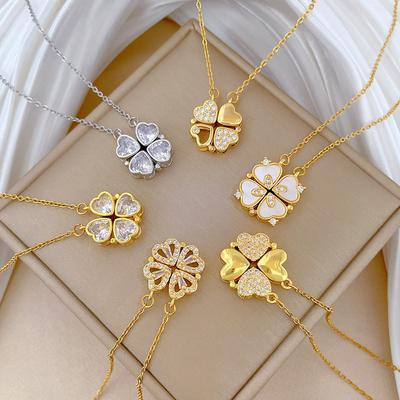 Necklace Female One Or Two Wear Heart-To-Heart Open Four-Leaf Flower Full Diamond Versatile Collarbone Chain Titanium Steel