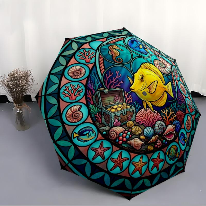 Underwater Treasure Hunt Pattern Umbrella, Portable and Foldable Design, 8 Ribs, a Casual Accessory for Halloween, Christmas, and Birthday Gifts.