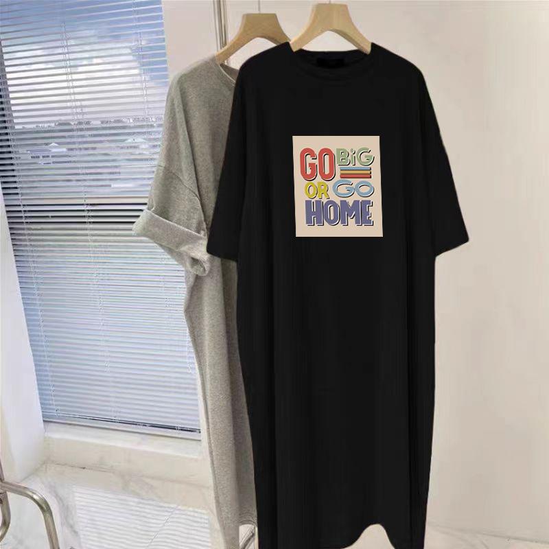 Kurzarmkleid Damen Sommer Übergröße Schlank Baumwolle Mittel und Lang T-Shirt Rock Über Knie Lässig Langer Rock