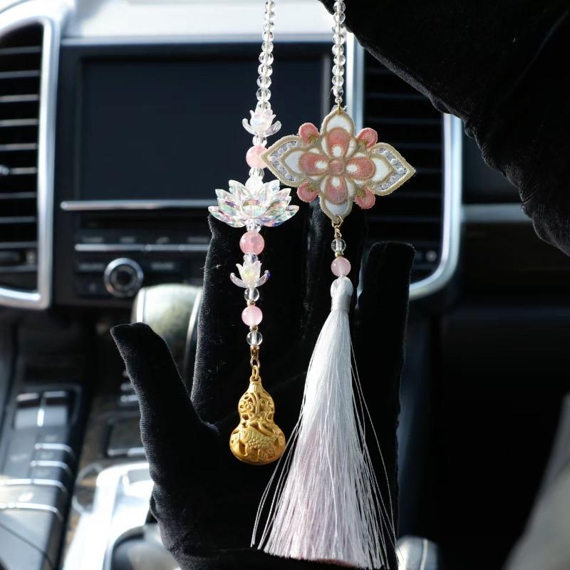 Embroidered Lotus Good Luck Gourd Tassel Car Hanging Ornament