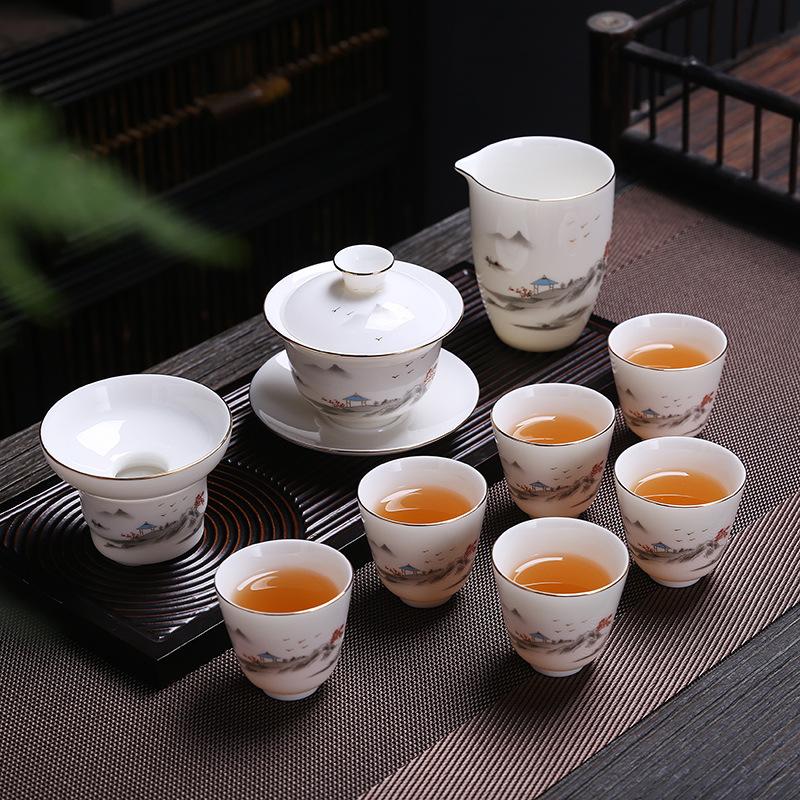 Ceramic suet jade porcelain kung fu tea set cover bowl teacup business company festival gifts