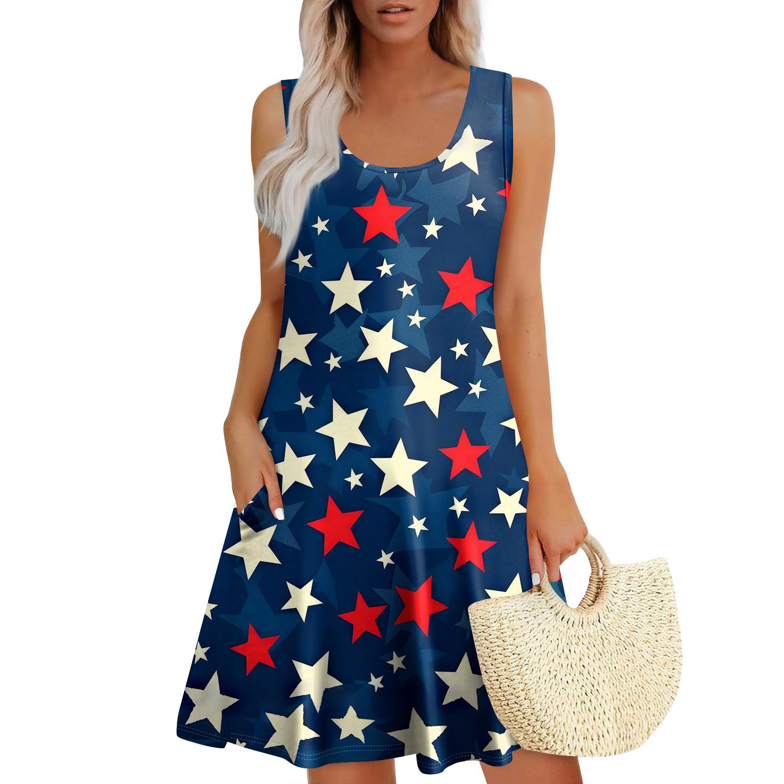 

Женские летние платья с принтом, свободные платья-сарафаны без рукавов с U-образным вырезом и карманами XXL тёмно-синий