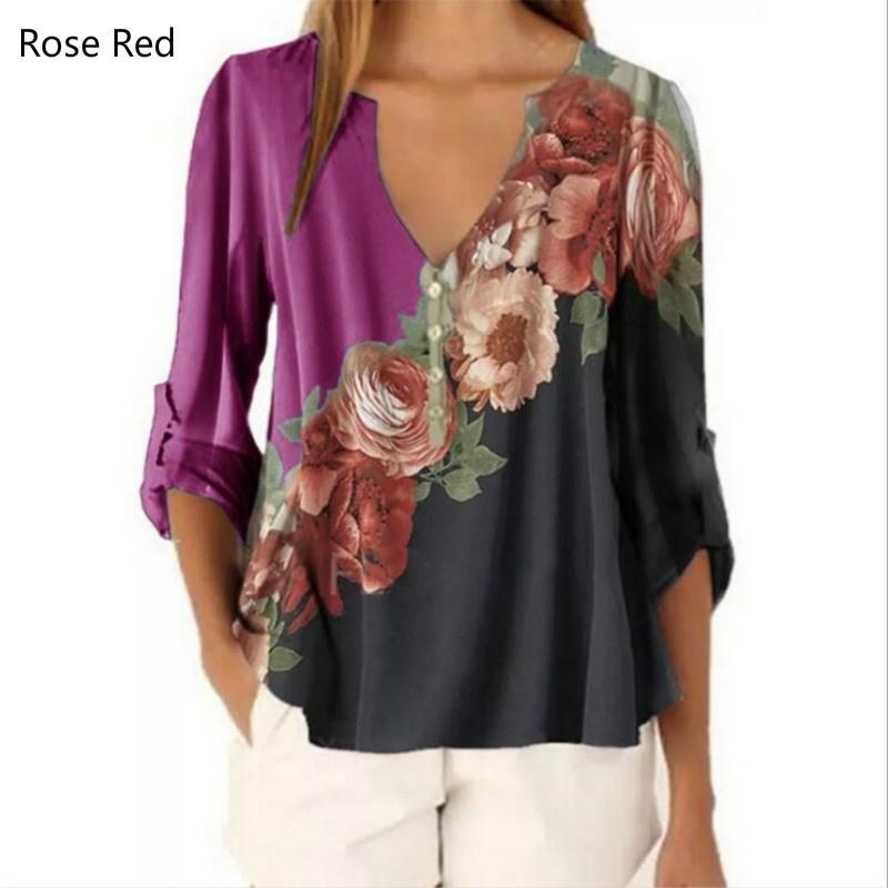Women's V-neck Floral Print Shirt Top Chiffon Shirt