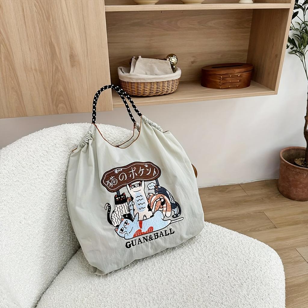 1pc Ball&Chain Astronaut Environmental Bag Kawaii Nylon Canvas Embroidery Large Capacity Shoulder Bag Shopping Bag Girls Gifts