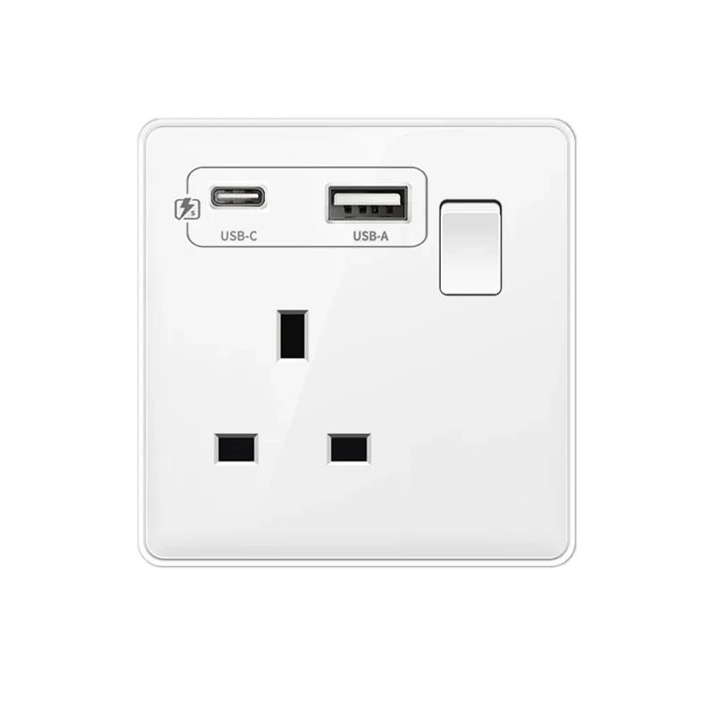 18W Type-C Plug Quick Charging Uk 13A Usb Wall Socket,Electrical Outlet with 3.1A USB C,Universal Dual 5-pin Power Socket Panel