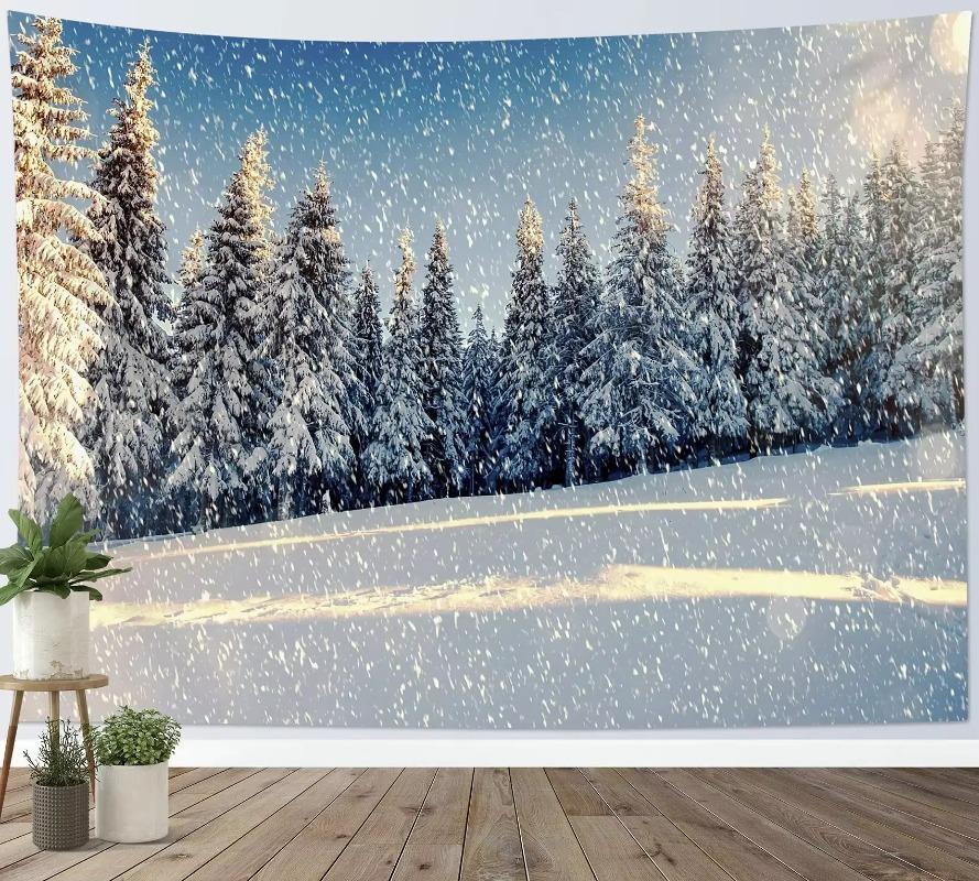 Winter Wandteppich Wald Verschneiter Kiefernbaum Wandteppich Sonnenaufgang Naturlandschaft Wandteppich Wandbehang Dekor für Schlafzimmer Wohnzimmer Studentenwohnheim
