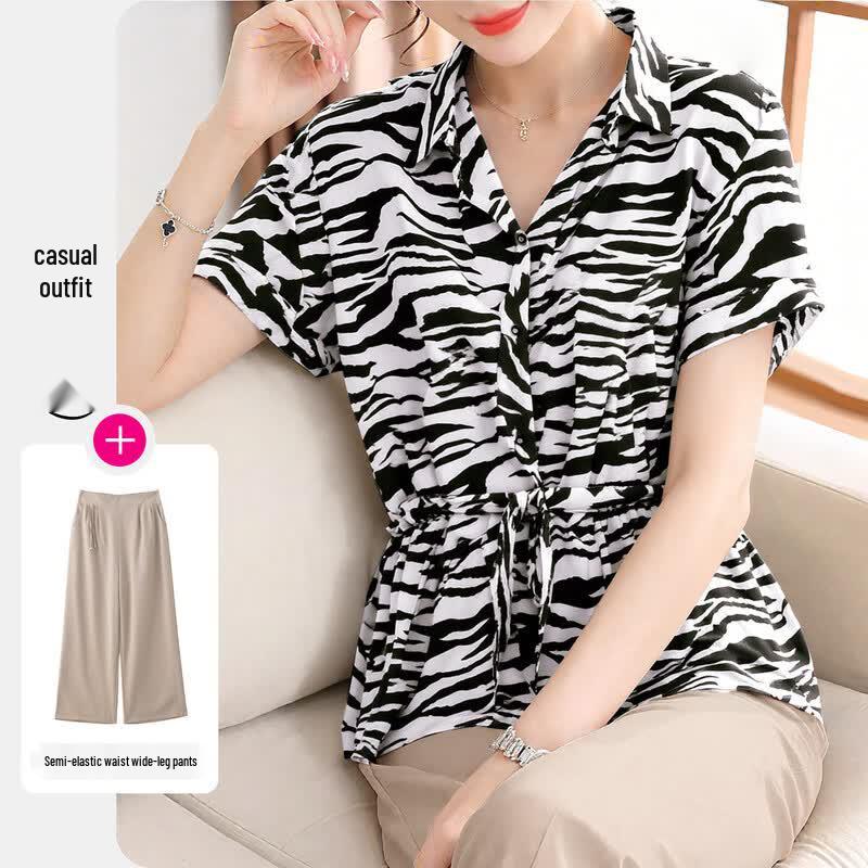 Women s Summer Striped Lapel Shirt & Pants Set 2XL