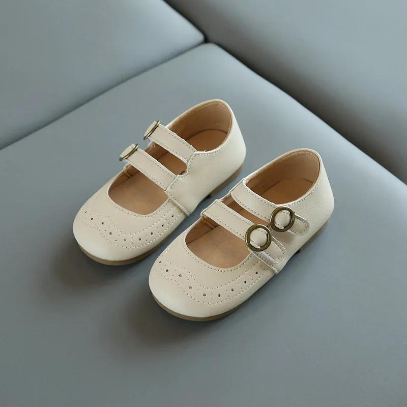 

Spring Summer Cute Princess Leather Shoes Fashion T-tied Mary Janes Girls School Shoes Round Buckle Kids Shoes for Girl E06071 21 бежевый