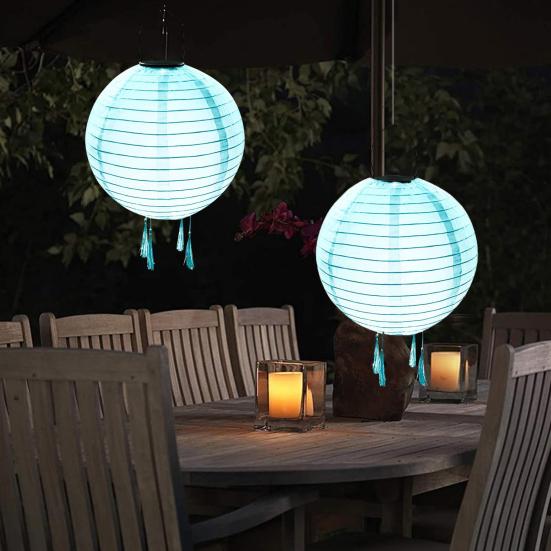 Hanging Solar Lantern Outdoor Round Chinese Style Lantern with 4 Tassels Solar LED Light for Garden Patio Wedding Party Decoration