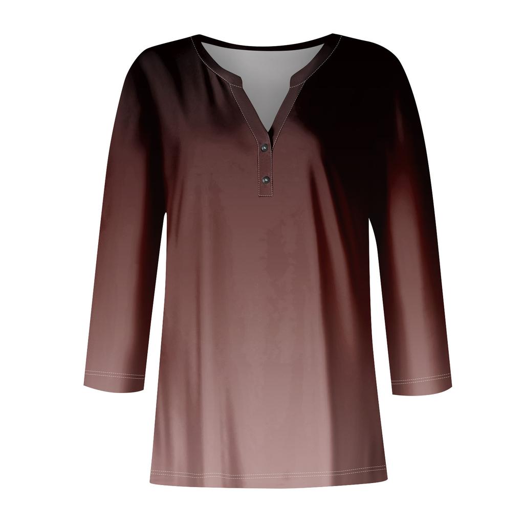 Women's Button Neck Tops Women's Casual Everyday Tops 3/4 Sleeve V Neck Fashion Print Shirt Tops Pocket Tee Sweatshirts