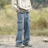 Men's Japanese Retro Workwear Denim Jeans - Multi-Pocket, Loose Fit, Straight Wide Leg, Trendy High Street Style, Blue.