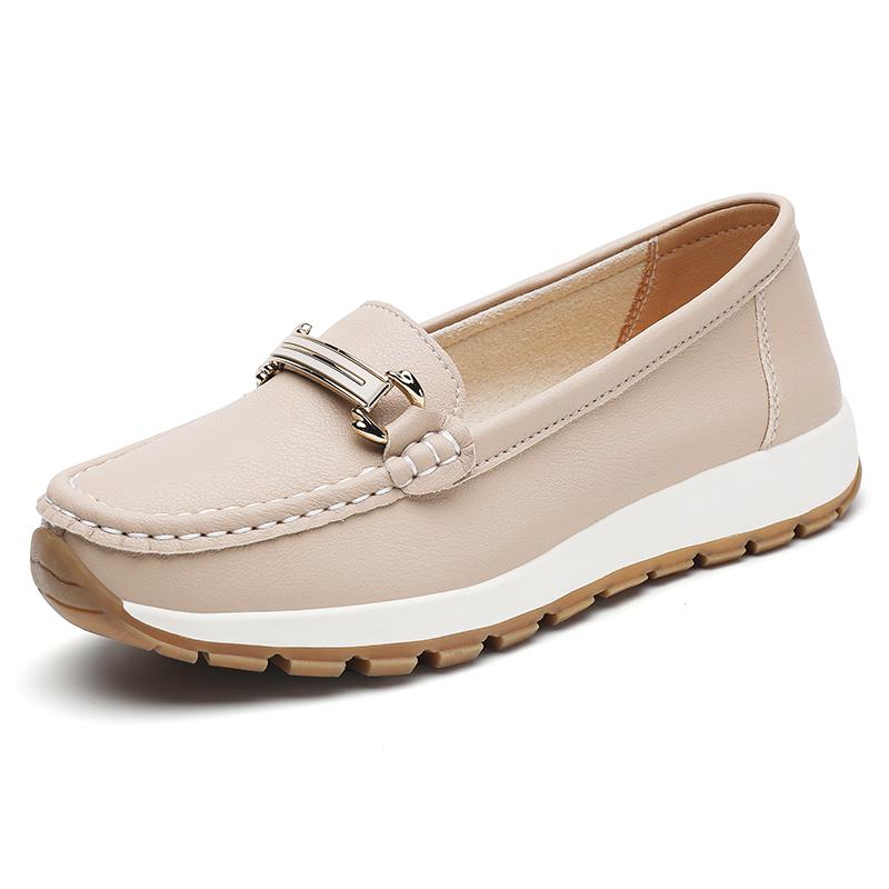 Pacecraft Shoes Women's Cowhide Loafers with Metal Buckle, Comfortable Casual Flat Shoes