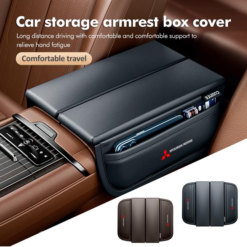 dnsh2 For Mitsubishi Car Logo Leather Double Open Armrest Box Cushion Side Storage Pocket Accessories Outlander Pajero Sport Lancer EX