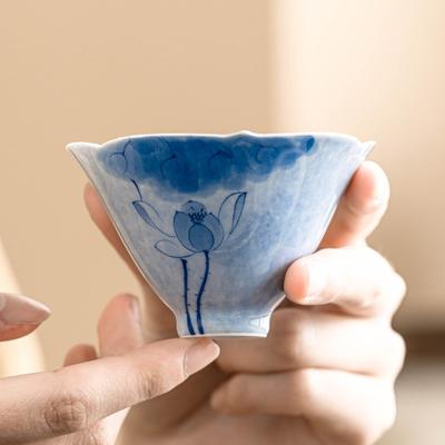White Porcelain Teacup Hand-painted Blue LotusTea Bowl Ceramic Chinese Kung Fu Gongfu Tea Cup Teaware Drinkware Tea Ceremony